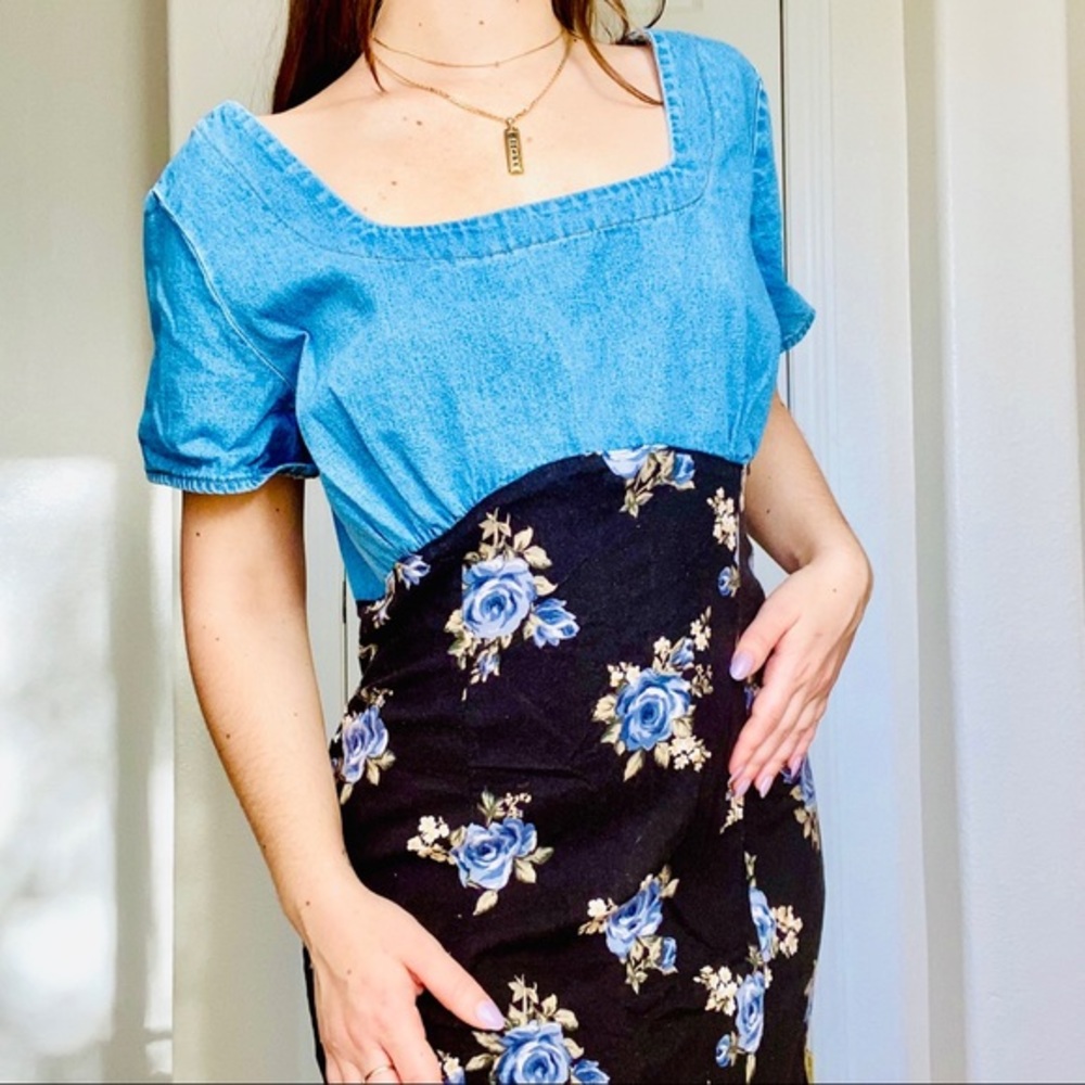 Vintage 90s denim floral rose long summer dress